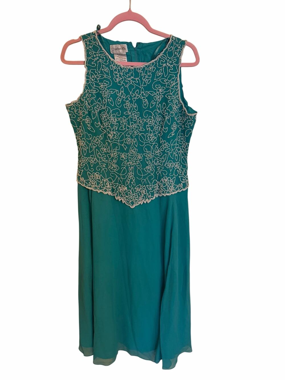 Vintage Chadwick’s Teal Beaded Sleeveless Midi Dress Formal Party Size 10